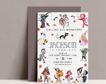May include: A Halloween party invitation with a white background and colorful illustrations of monsters. The text reads "Calling all monsters" and "Jackson is turning 5. Join us for some spooky fun!" with the date and time of the party.