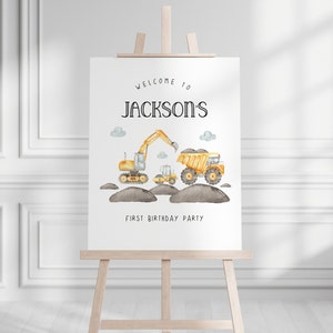 Editable Construction Birthday Welcome Sign Yellow Dump Truck Construction Sign welcome poster, excavation construcion editable welcome sign