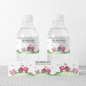 May include: Water bottle labels with a red tractor design. The labels say "Morrisons Fourth Birthday Party".