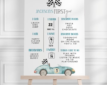 May include: A blue and white printable chart for a child's first birthday. The chart lists the child's accomplishments, favorite foods, books, and activities. The chart features a cartoon race car with a number one on it.