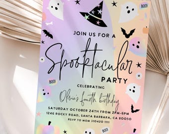 May include: A rectangular party invitation with a pastel rainbow gradient background featuring white ghosts, black bats, a witch hat, and pumpkins. The text reads: JOIN US FOR A Spooktacular PARTY CELEBRATING Olivia's fourth birthday SATURDAY OCTOBER 24TH FROM 2PM-6PM 1246 ROCKY ROAD, SANTA BARBARA, CA 80050 RSVP TO MOM 310420 1111.