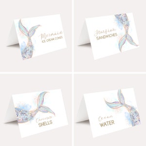 Plantilla de tienda de comida de sirena, etiquetas de comida de sirena, bajo el mar, fiesta de sirena, cumpleaños de sirena, cola de sirena, tarjeta de lugar de sirena, imprimible