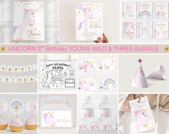 Unicorn 3rd Birthday Party Bundle: Young Wild and Three theme (Digital Download)