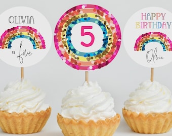 Adornos para cupcakes de cumpleaños con arcoíris brillante: Tema mágico editable para niñas (Plantilla de descarga digital)