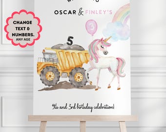 Unicorn Construction Joint Birthday Welcome sign: Sibling bday Party, Any Age magical (Editable Template)