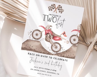 May include: A birthday party invitation with a watercolor illustration of a red dirt bike. The invitation says "Jackson is Two Fast" and includes details for the party, including the date, time, and location.