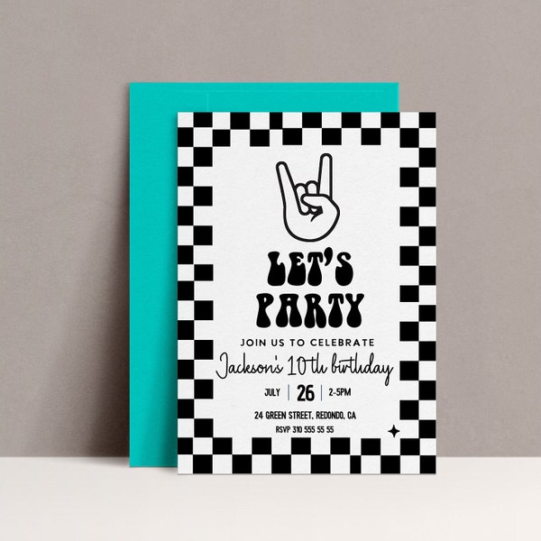 Let's party birthday invitation, any age rad birthday, for boy, boy birthday invite, rock and roll invitation, for kids, template, printable