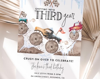 THIRD gear Monster Truck 3rd Birthday Invitation, boy snow winter invite (Editable Instant Download)