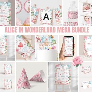 Alice in Wonderland Birthday Bundle - Any Age - party bundle - Tea party - mad hatter - Editable wonderland party invite Template printable