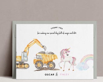 Unicorn Construction Joint Birthday Thank You Card: Any Age Magical (Editable Template)