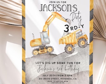 Construction 3rd Birthday Invitation: dirty thirdy invite, Digger Truck Party, Editable Template (Digital Download)