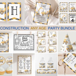 Könnte beinhalten: Ein Party-Set zum Thema Baustelle mit gelb-schwarzen Warnstreifen, bestehend aus Einladungen, Bannern, Cupcake-Toppern, Wasserflaschenetiketten, Partyhüten und Schildern mit Illustrationen von Muldenkippern und Baggern.