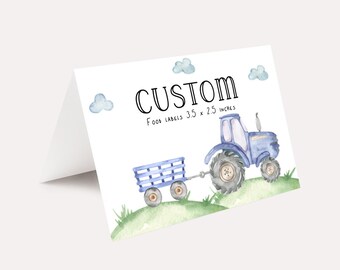 May include: Custom food labels featuring a blue tractor pulling a wagon on a green field with white clouds in the background. The labels are 3.5 x 2.5 inches.