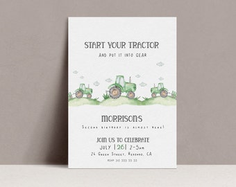 May include: A white invitation card with the text "Start Your Tractor and Put It Into Gear." It features watercolor illustrations of green tractors on a grassy field. The card also includes event details: "Morrison's Second Birthday is Almost Here!" and the date, time, and location.
