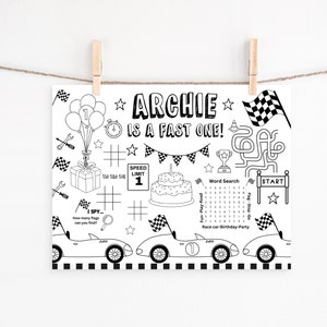 FAST ONE Race car activity coloring mat race car placemat, fast one Birthday invite 1st birthday Race car first birthday invite personalized