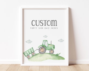 Könnte beinhalten: Ein druckbares Partyschild im Format 20,3 x 25,4 cm mit einem grünen Traktor, der einen Wagen auf einem grünen Grasberg mit weißen Wolken im Hintergrund zieht. Der Text "CUSTOM PARTY SIGN 8X10 INCHES" befindet sich oben auf dem Schild.