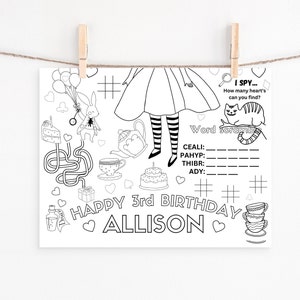 Alice in Wonderland Birthday coloring page, activity sheet, tea party decor game, alice in onederland, coloring page, personalized activity