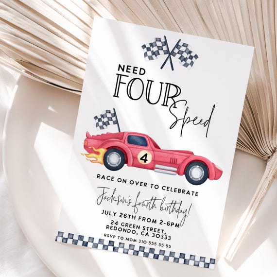 Need four Speed Race Car 4th Birthday Invitation (Editable Template, Digital Download)