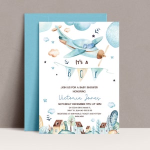 Invitation à la baby shower - It’s a boy - Invitation à l’aquarelle, Oh boy baby shower, baby boy, avion jouet, Modèle modifiable, TÉLÉCHARGEMENT INSTANTANÉ
