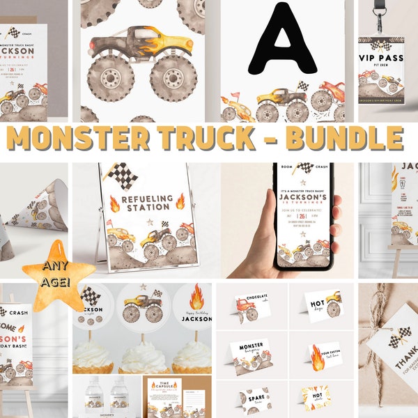 Monster Truck Birthday invitation, Any Age, Bundle,  Monster Truck Bash Invite, DIY birthday, Editable template, printable, INSTANT DOWNLOAD