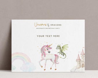 Modello di testo personalizzato per compleanno a tema unicorno e drago: festa magica, invito di compleanno dai colori pastello (download digitale)