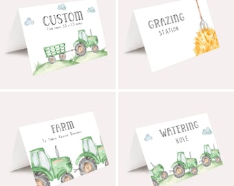 May include: Four printable food labels featuring a green tractor with a hay bale, a pitchfork, and the text "Custom Food Labels 3.5 x 2.5 inches", "Farm to Table Veggie Burgers", "Grazing Station", and "Watering Hole".
