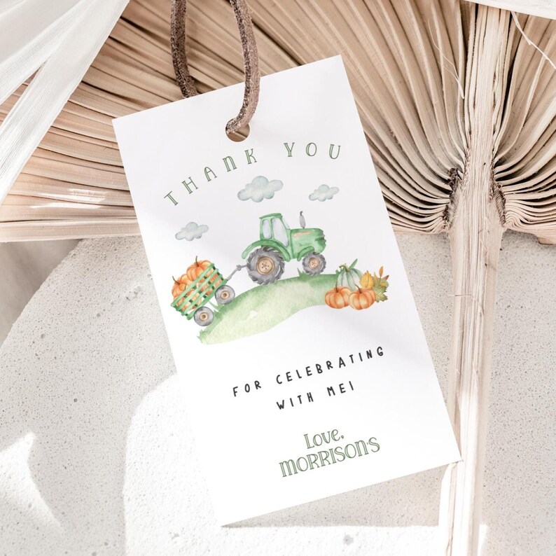 Green Tractor Birthday Thank You Tags: Farm Pumpkin Patchu, Editable ...