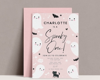 May include: A pink Halloween-themed invitation with the text "Charlotte is a Spooky One!" surrounded by cartoon ghosts, bats, stars, and bones. The invitation includes event details and an RSVP.