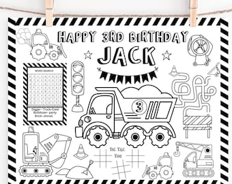 Página para colorear de cumpleaños de construcción personalizada: Fiesta de camiones (PDF)