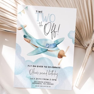 May include: A light blue airplane illustration on a white invitation card. The text reads "Time Two Take Off!" and "Fly on over to celebrate Oliver's second birthday". The invitation includes the date, time, address, and RSVP information.