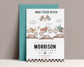 May include: A white birthday invitation with a checkered border. The invitation features a watercolor illustration of three dirt bikes racing on a dirt track. The text "NEED FOUR SPEED!" is at the top of the invitation. The invitation is for Morrison's 4th birthday party on July 26th from 2-5pm.