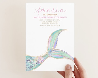 Mermaid Tail Einladungskarten zum Geburtstag: Unter dem Meer Party (Digitaler Download)