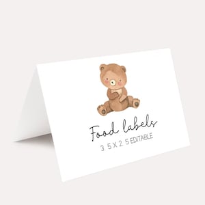 Editable Podemos esperar con paciencia la etiqueta de la comida del baby shower, la tarjeta de buffet, la tarjeta del lugar del baby shower del oso boho del baby shower de género neutro, editar imprimible