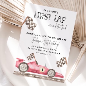 Race Car FIRST LAP birthday invitation, 1st birthday, Race Car invitation, Red Race Car Birthday, Fast One, Boy Birthday invite, Editable