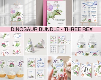 Puede incluir: Un paquete de imprimibles para fiestas con temática de dinosaurios con una variedad de artículos que incluyen un letrero de bienvenida, invitaciones, etiquetas para botellas de agua, adornos para cupcakes, etiquetas de agradecimiento y más. El diseño presenta ilustraciones de acuarela de dinosaurios en tonos de verde, azul y rosa.