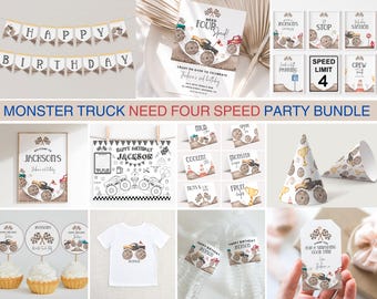 Kit per la festa di compleanno a tema Monster Truck per i 4 anni, invito a tema auto da corsa, pit stop, limite di velocità (download digitale)