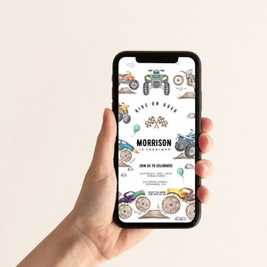 Peut inclure: Une invitation num&eacute;rique pour une f&ecirc;te d'anniversaire avec une illustration aquarelle de v&eacute;hicules tout-terrain. Le texte indique "Ride on Over Morrison a 5 ans. Rejoignez-nous pour c&eacute;l&eacute;brer ! Samedi 26 septembre de 14h &agrave; 18h. 24 Green Street, Redondo, CA. RSVP &agrave; Maman 210 555 55 55"