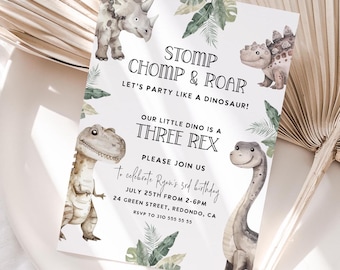 Three Rex Dinosaur 3rd Birthday Invitation (Digital Download)