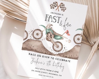 May include: A birthday party invitation featuring a watercolour illustration of a dirt bike and the text "Jackson is Fast & Five" with a red number 5 flag. The invitation includes the date, time, and location of the party.