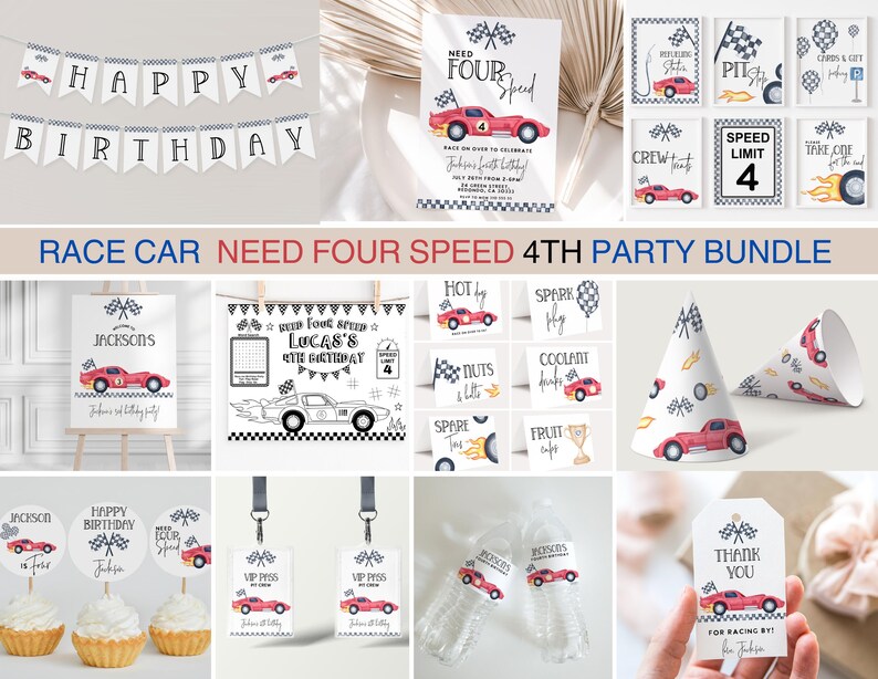 Pu&ograve; includere: Una collezione di decorazioni per feste a tema auto da corsa. Include uno striscione con la scritta "Happy Birthday", inviti, decorazioni per cupcake, etichette per bottiglie d'acqua e cappelli da festa. La combinazione di colori &egrave; rosso, bianco e blu. &Egrave; visibile anche il testo "Race Car Need Four Speed 4th Party Bundle".