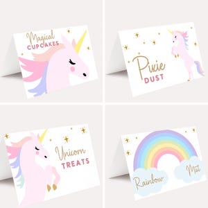 Carpas de comida de unicornio editables, etiquetas de comida de unicornio, tarjetas de buffet de unicornio, letreros de fiesta de unicornio, decoración de fiesta de unicornio, etiquetas de comida de mesa, imprimibles