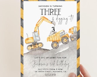 Editable Construction birthday invitation, any age, Construction invite, truck party, Diggin' It Party, digger invite, template printable