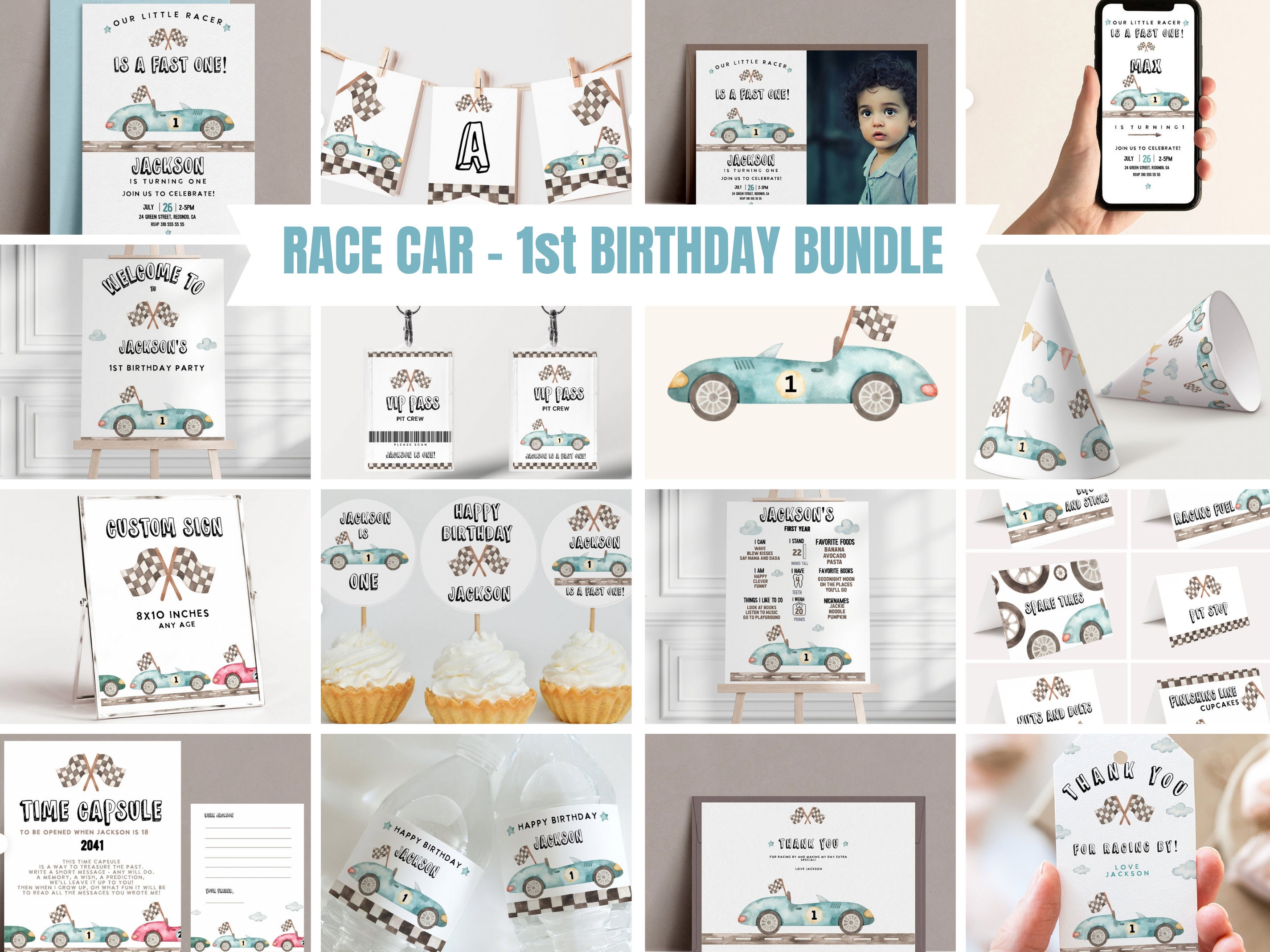 Race car Birthday invitation Bundle, 1st birthday, Fast One Boy,  Race Car birthday Invite, Fast one racer, template, printable, download