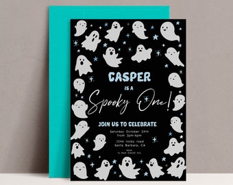 May include: A Halloween-themed invitation with a black background, featuring white cartoon ghosts and stars. The text reads "Casper is a Spooky One!" and includes event details: date, time, and location.