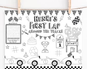 First Lap Race Car Birthday Coloring Page: Personalized Activity Mat (PDF)