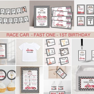 FAST ONE Geburtstags-Rennauto-Dekor 1st Geburtstags-Rennauto-Einladung Vintage-Auto-Party-bearbeitbare Vorlage