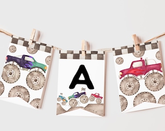 May include: A monster truck party banner with a checkered background. The banner has three flags with monster trucks and the letter "A" in black.