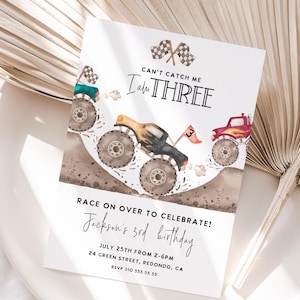 Invitation pour le 3e anniversaire de Monster Truck, Can't Catch me, Invitation d'anniversaire de Monster Truck, Fête Monster Jam, Fête Monster truck, Modifiable