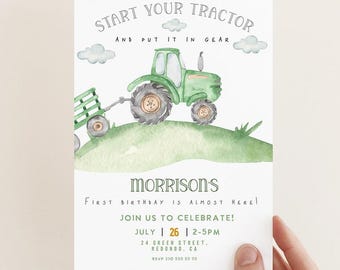 Editable Tractor Birthday invitation, Green Tractor Invitation, any age, 1st birthday, 2nd birthday, Farm birthday, tractor invite download