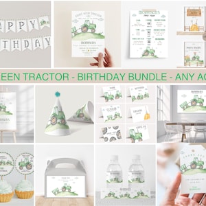 May include: Green tractor birthday party printable bundle. Includes a welcome sign, party favors, water bottle labels, cupcake toppers, a thank you tag, and more. The design features a green tractor with a white background.